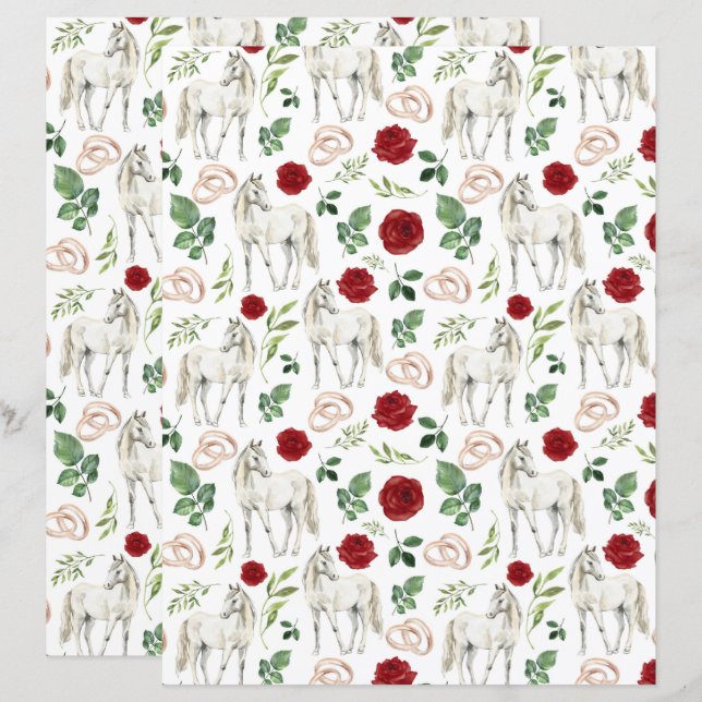 Rustic Equestrian Floral Red Scrapbook Paper (Frente/Verso)