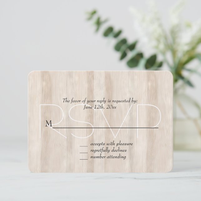 Rustic Faux Cream White Wood Weding RSVP (Em pé/Frente)