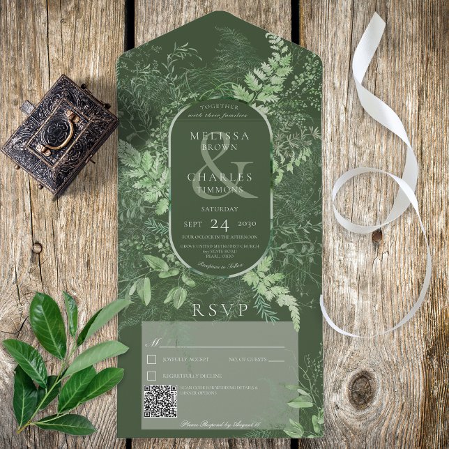 Rustic Fern Green Foliage Emerald Código QR (Also available without a QR code; with or without dinner selection options.)