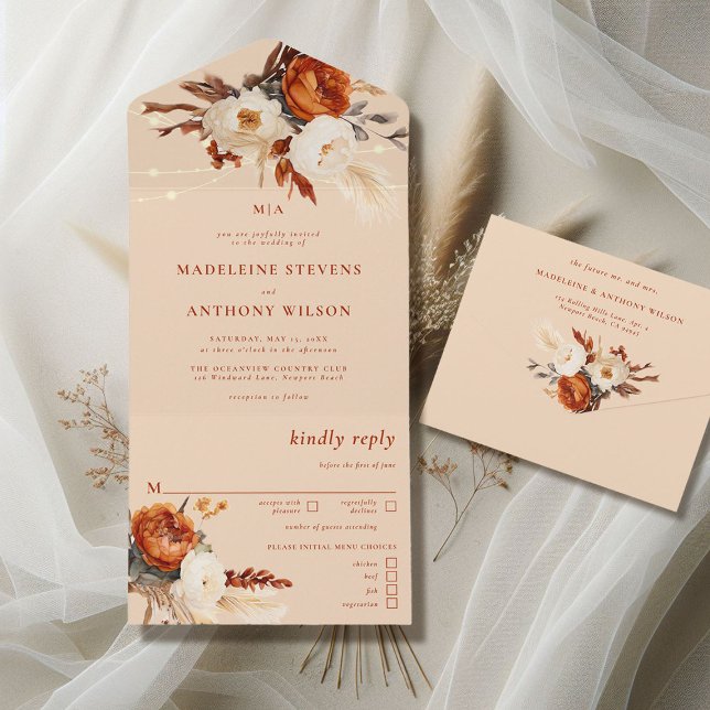 Rustic Floral Botanical Pampas Fall Boho Wedding (rustic barn wedding invitation all in one burnt orange boho floral botanical rust terracotta cream)