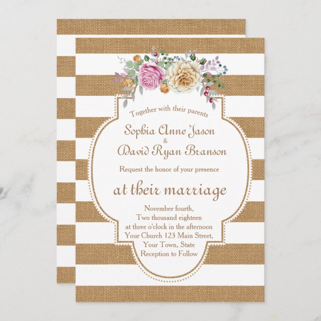 Rustic Floral Burlap Stripes Convite De Casamento (Frente/Verso)