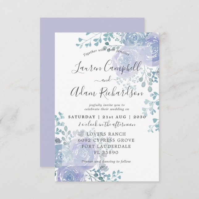 Rustic Floral Dusty Blue & Purple Wedat Convite (Frente/Verso)