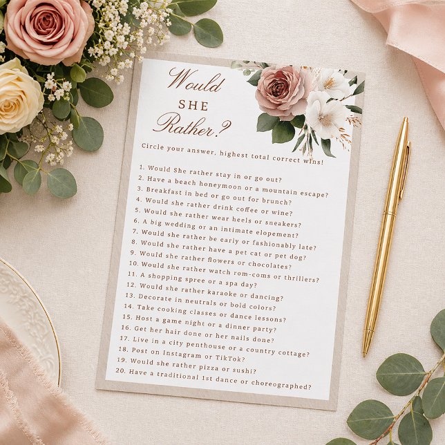 Rustic Floral Ela Preferiria Jogo para Chá de Noiv (Bridal Shower Game Card)