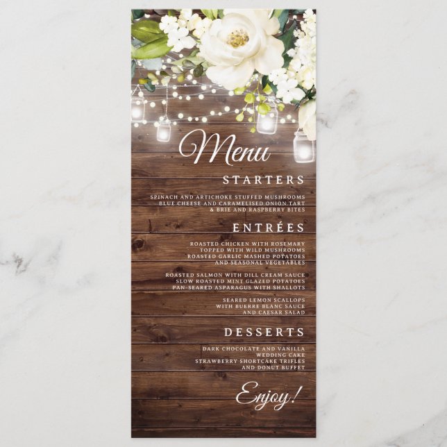Rustic Floral String Lights Janta Menu de Casament (Frente)