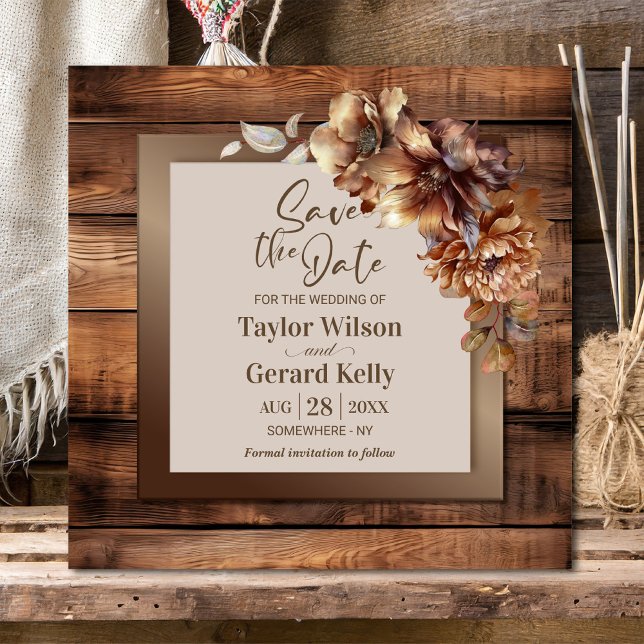 Rustic Floral Wood Weding Date (Criador carregado)
