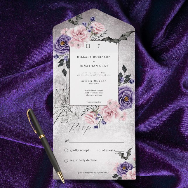 Rustic Gótica Pink & Purple Halloween Sem Janto (Also available with a QR code or with dinner selection options.)