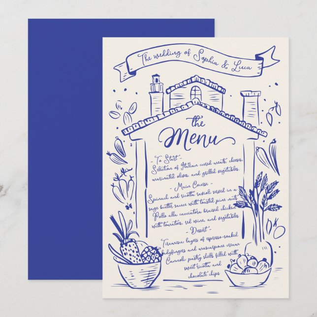 Rustic Hand Draking Italiana Wedding Menu Blue Cre (Frente/Verso)