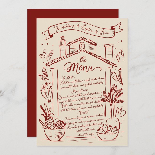Rustic Hand Draking Italiana Weding Menu Red Cream (Frente/Verso)