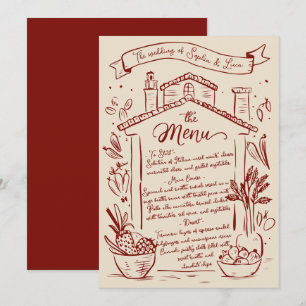 Rustic Hand Draking Italiana Weding Menu Red Cream