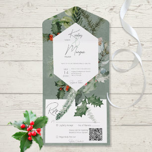 Rustic Holiday Greenery & Red Berries Código QR