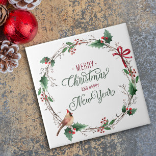 Rustic Holly Berry Wreath com Bird Holiday