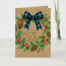 Rustic Holly Wreath Blue Arco Checkered Black