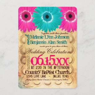 Rustic Hot Pink Teal Daisies Convites De Casamento