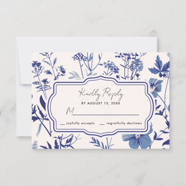 Rustic Indigo Blue Wildflower Weding RSVP (Frente)