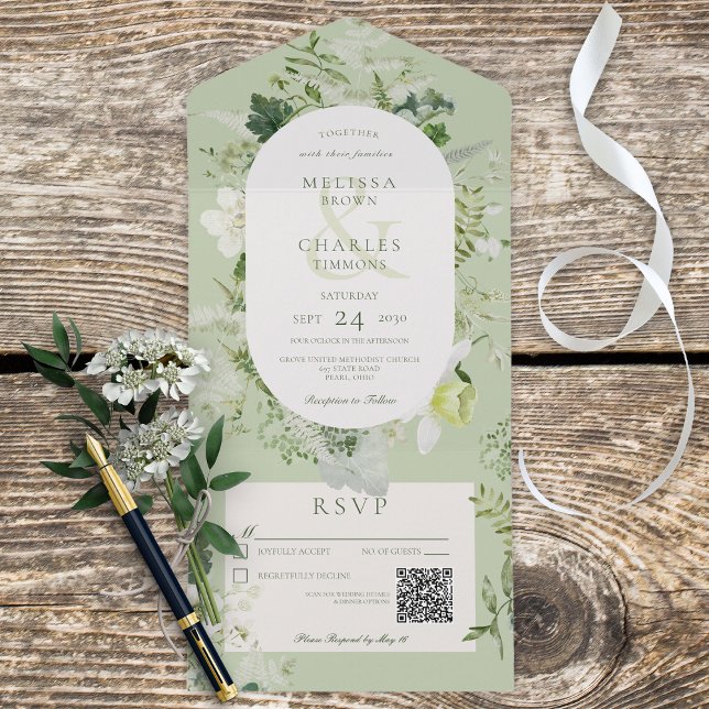 Rustic Ivy Ferns & Greenery Sage Green Código QR (Also available without a QR code; with or without dinner selection options.)