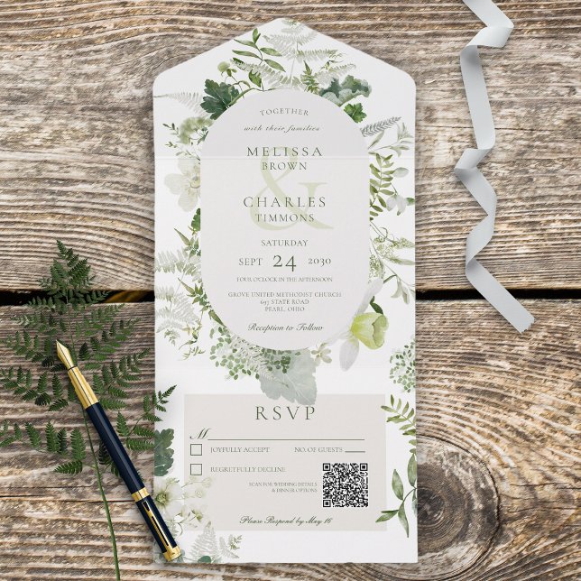 Rustic Ivy Ferns & Greenery White Código QR (Also available without a QR code; with or without dinner selection options.)