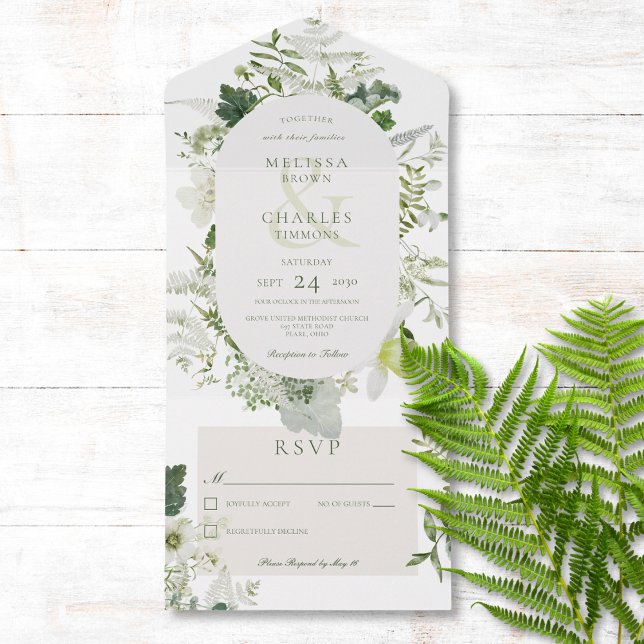 Rustic Ivy Ferns & Greenery White Sem Janto (Also available with a QR code or with dinner selection options.)