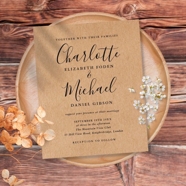 Rustic Kraft Budget Script Wedding Invitation (Criador carregado)
