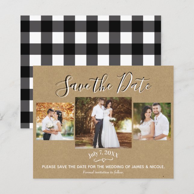 Rustic Kraft Data de Casamento com Foto em Xadrez  (Frente/Verso)