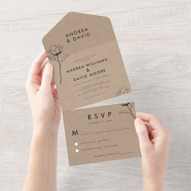 Rustic Kraft Earthy Sketch Rosa Casamento Desenhad (Aba destacável)
