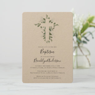 Rustic Kraft Eucalyptus Cross Baptism Convite