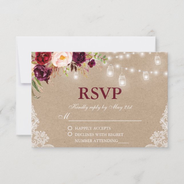 Rustic Kraft Wedding Jar Lights Lace Floral RSVP (Frente)