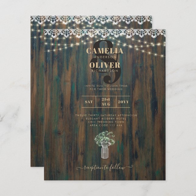 Rustic Lace Gypsophila Luzes Mason Jar Weding (Frente/Verso)