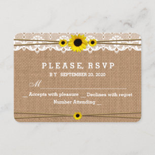 Rustic Lace, Sun Flowers, RSVP de Casamento Burlap