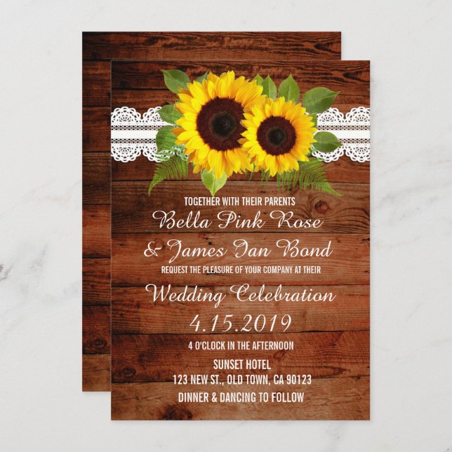 Rustic Lace Sunflower Convite Para Casamento (Frente/Verso)