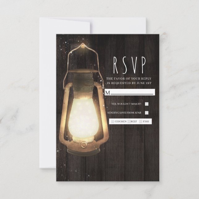 Rustic Lantern Lights Barn Wood Casamento RSVP (Frente)