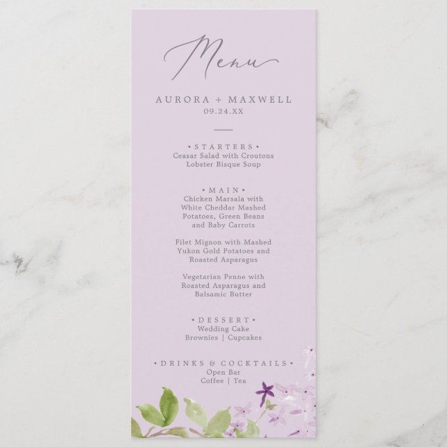 Rustic Lilac | Menu de Janto de Casamento Lavanda (Frente)