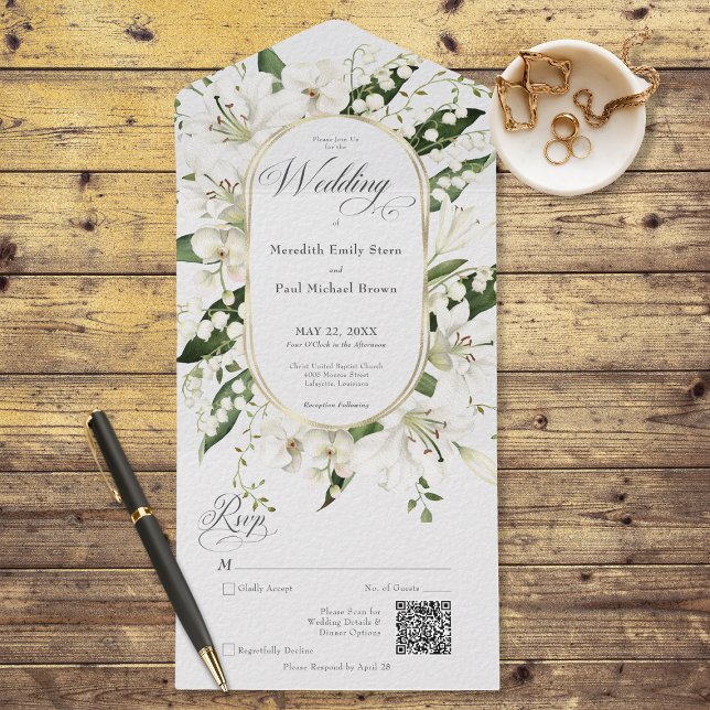 Rustic Lily of the Valley Floral White Code (Also available without a QR code; with or without dinner selection options.)