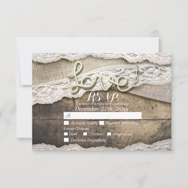 Rustic Love Rope Burlap Lace Casamento RSVP Respos (Frente)