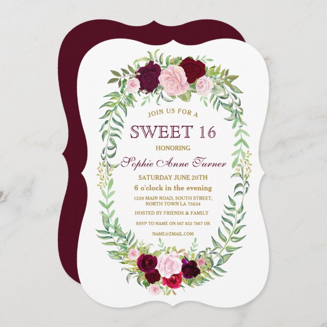 Rustic Marsala Floral Wreath Sweet 16 Convite (Frente/Verso)