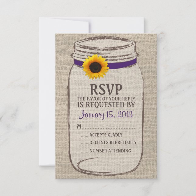 Rustic Mason Jar & Burlap e Sunflower RSVP Card (Frente)