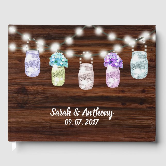 Rustic Mason Jar com Luz Casando Livro de Convidad (Frente)