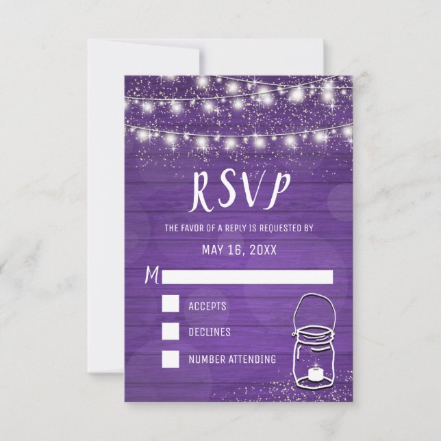 Rustic Mason Jar String Luzes Violet Wedking RSVP (Frente)