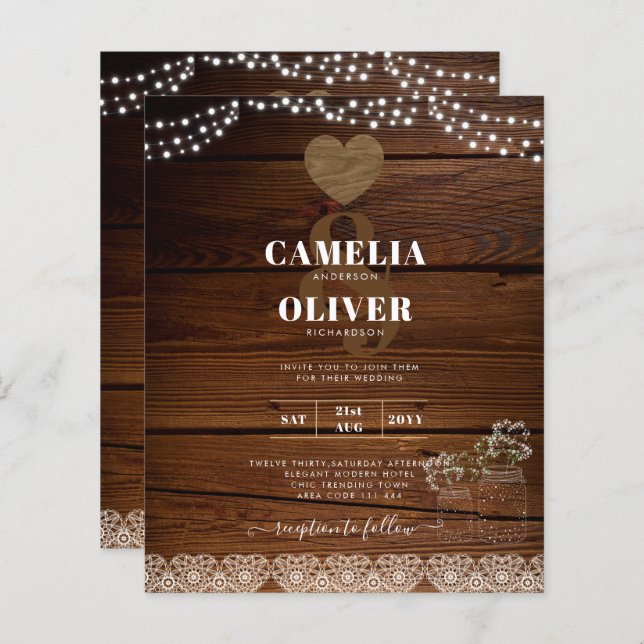 Rustic Mason Jars Lights Lace Gypsophilia WEDDING (Frente/Verso)