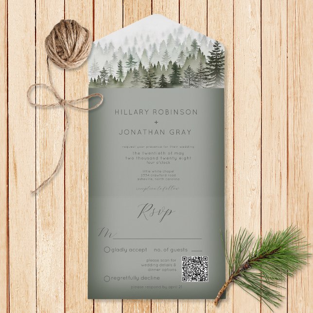 Rustic Mountain Mist Forest Green Code (Also available without a QR code; with or without dinner selection options.)