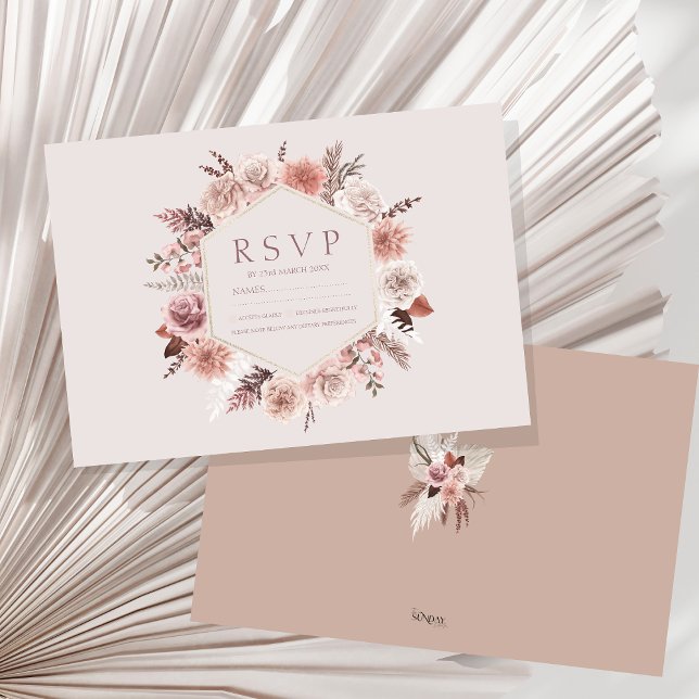 Rustic Pampas Grass Wreath Wreath RSVP (Boho Dusty Pink Dried Flowers Wreath Wedding RSVP Card)