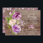 Rustic Peonies Floral Aniversário Convite<br><div class="desc">Convite de aniversário Floral 16º com lindas pinturas manuais roxas e cremes e folhas verdes folhadas. Sacudir nosso convite para ver uma borboleta de cor d'água roxa coordenadora de volta para um toque especial extra.</div>