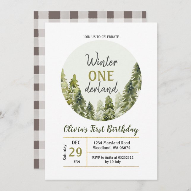 Rustic Pine Tree ONEderland Convite de Aniversário (Frente/Verso)