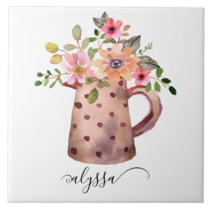 Rustic Pitcher Peach & Mauve Watercolor Floral