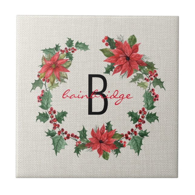 Rustic Poinsettia & Holly Wreath Monogramas (Frente)