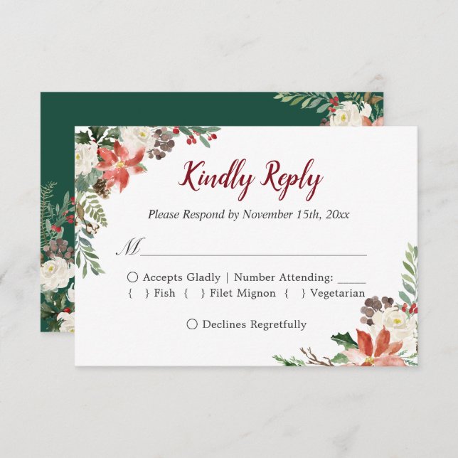 Rustic Poinsettia Ivory Floral Holiday Season RSVP (Frente/Verso)
