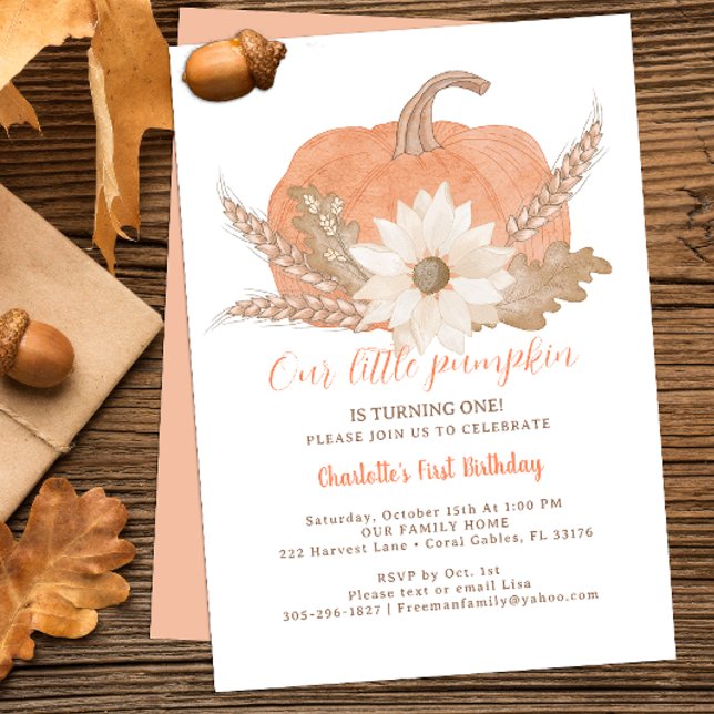 Rustic Pumpkin Primeiro Convite de Aniversário (autumn pumpkin 1st birthday party invitation)