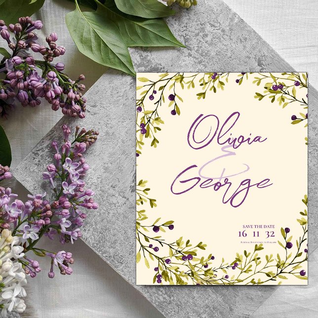 Rustic Purple Berry Sai do Casamento Salvar a Data (Rustic Purple Berry Leaves Wedding Save the Date)