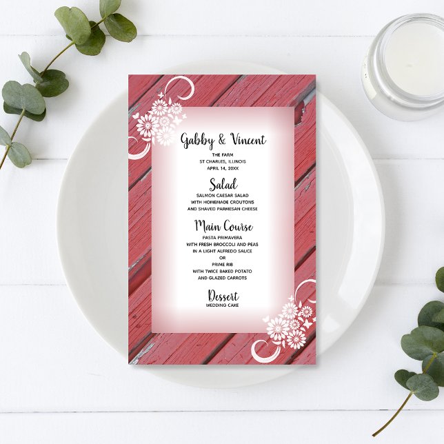 Rustic Red Barn Wood White Flowers Menu Casamento (Criador carregado)