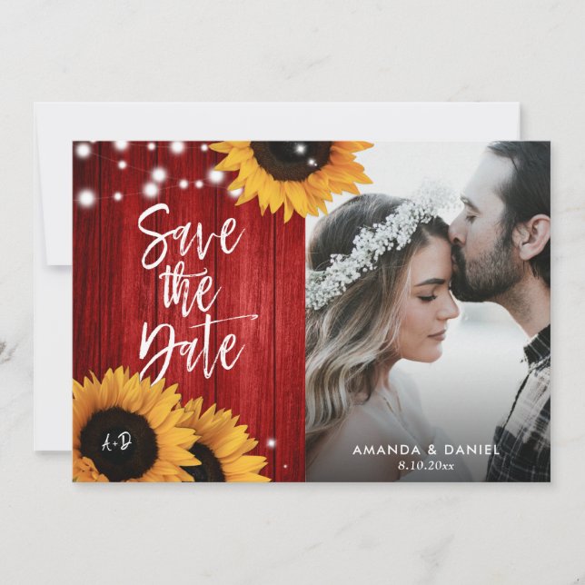 Rustic Red Sunflower Save The Date Cartões com fot (Frente)