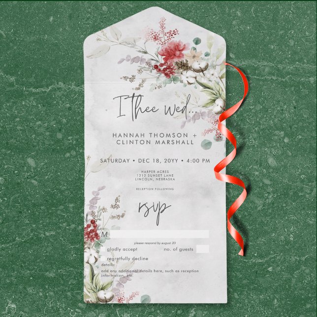 Rustic Red Winter Berries & Boho Cotton No Janto (Rustic Red Winter Berries & Boho Cotton No Dinner All In One Invitation)